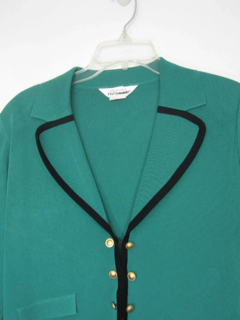 Misook Signature Knit Size S M Jacket Green Black Trim Gold Buttons Career